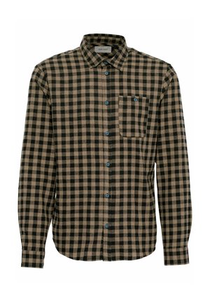 Camicia di flanella a scacchi in marrone e nero. Presenta bottoni blu e una tasca sul petto. Maniche lunghe con polsini abbottonati.