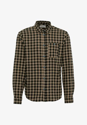 Cămașă flanelată cu carouri în nuanțe de maro și negru. Are nasturi albaștri și un buzunar pe piept. Mâneci lungi cu manșete cu nasturi.