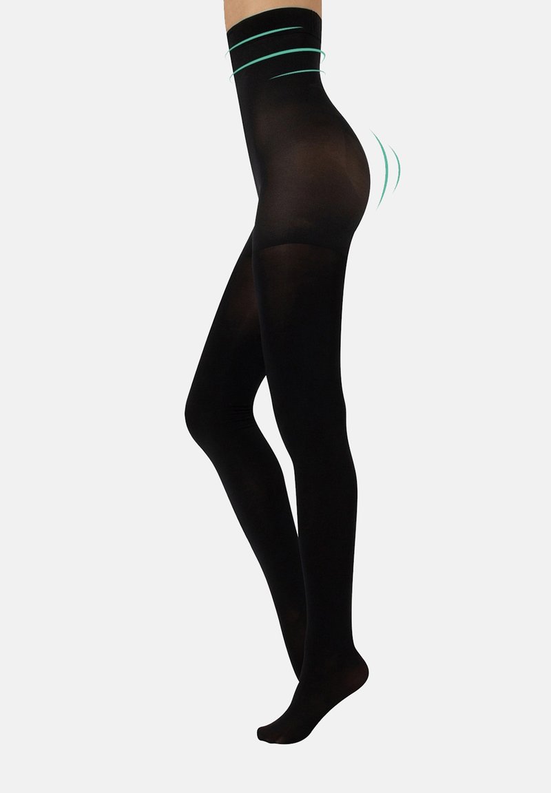 Collant neri opachi con un'alta vita, texture liscia e design con piedi. Presentano sottili accenti verde acqua lungo la vita.