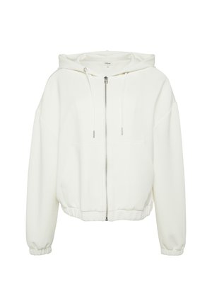 Weißer Reißverschluss-Hoodie mit Kordelzügen, frontaler Tasche, elastischen Bündchen und elastischem Saum.