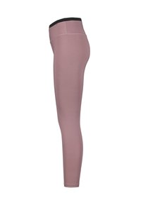Leggings aderenti in morbido tessuto rosa con una texture liscia, vita alta nera e dettagli di pattern discreti in tutto il capo.