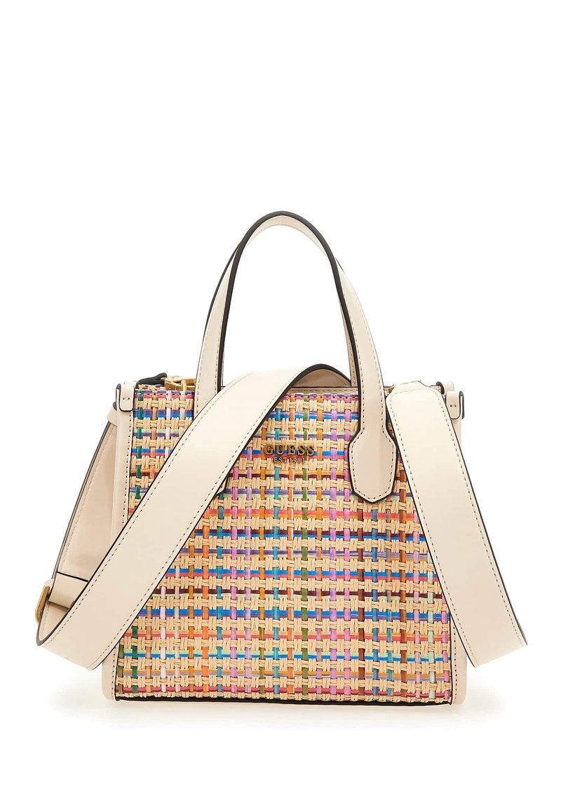 Borsa intrecciata con motivo multicolore in rosa, blu e giallo; dettagli in pelle crema; doppio manico e tracolla regolabile.