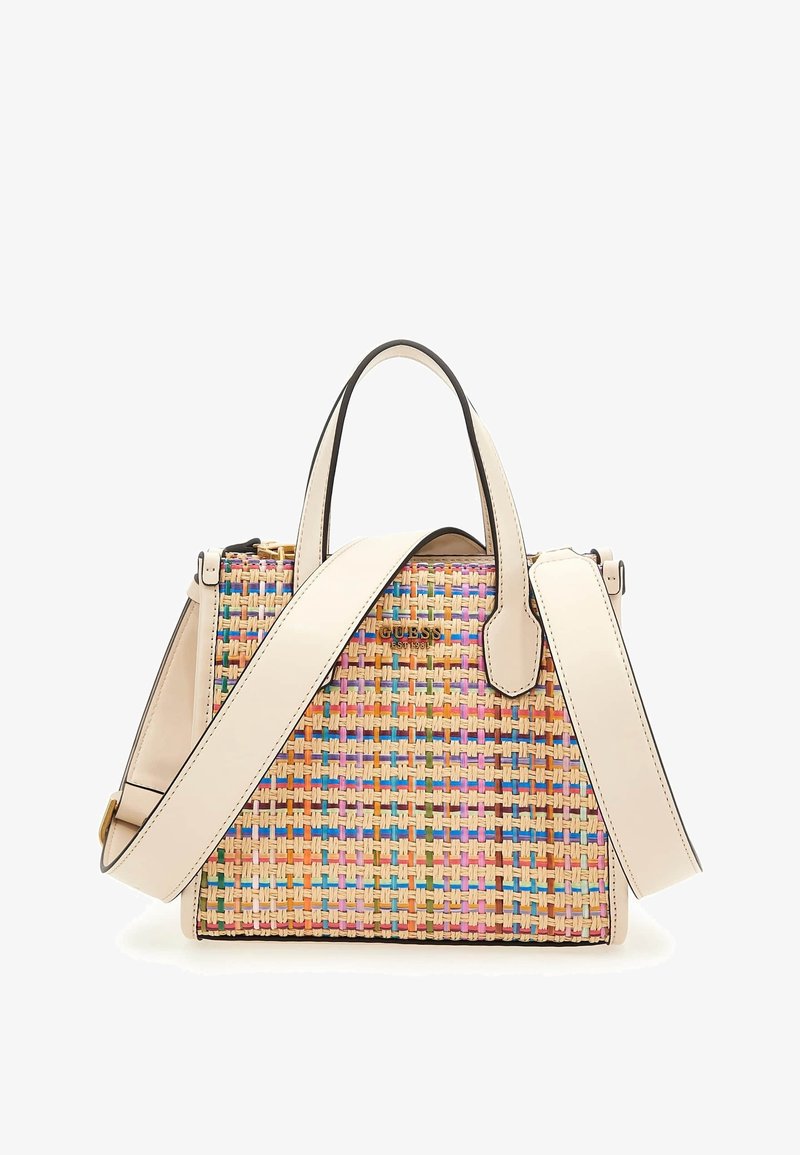 Borsa intrecciata con motivo multicolore in rosa, blu e giallo; dettagli in pelle crema; doppio manico e tracolla regolabile.