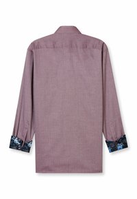 Langärmliges Hemd aus mauvefarbenem, strukturiertem Stoff mit Kragen und gemusterten blauen Blumenärmeln. Besitzt eine Knopfverschluss und eine lockere Passform.