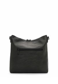 Borsa a tracolla nera in pelle con una superficie liscia, chiusura a cerniera superiore e tasca con cerniera frontale. Design semplice con una silhouette angolare.