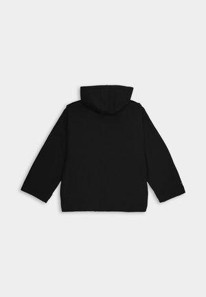 Czarna kurtka z kapturem o luźnym kroju, z długimi rękawami i gładką teksturą. Bez widocznych elementów metalowych ani wzorów. Czysty design.