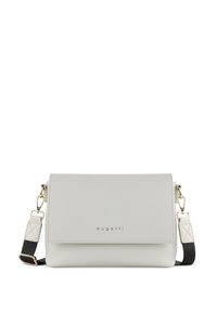 Borsa a tracolla in pelle grigia chiara con chiusura a pattina, tracolla nera regolabile e accessori in tonalità oro, marchiata "bugatti" sul fronte.