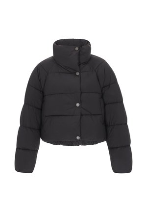 Jachetă puffer scurtă, neagră, cu guler înalt, având un design matlasat, cinci nasturi metalici argintii și elastic la tiv.