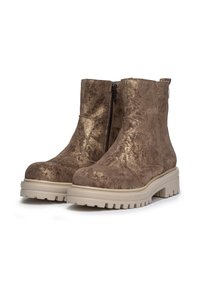 Bottines en métal brun avec une finition texturée, fermeture éclair sur le côté, et une semelle épaisse beige avec un motif de semelle rugueux.