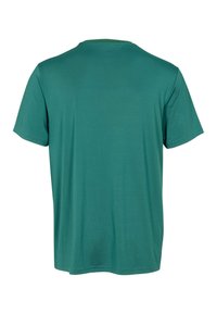 Groen T-shirt met korte mouwen gemaakt van zacht stof, voorzien van een ronde hals en een gladde textuur zonder zichtbare patronen of accenten.