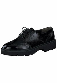 Scarpa in pelle nera con lacci, dalla superficie testurizzata, punta rotonda, dettagli wingtip e suola spessa e robusta per una maggiore aderenza.