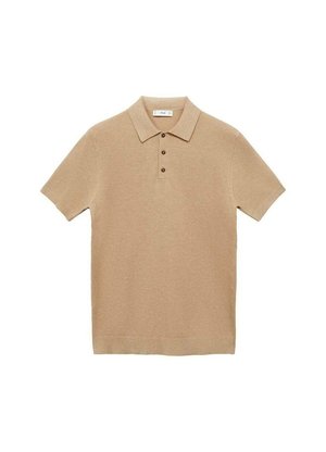 Polo shirt beige a maniche corte con colletto, tre bottoni marroni e tessuto testurizzato. Design semplice e orlo dritto.