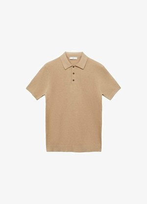Beige short-sleeve polo shirt with a collar, three brown buttons, and a textured fabric. Simple design and straight hem.