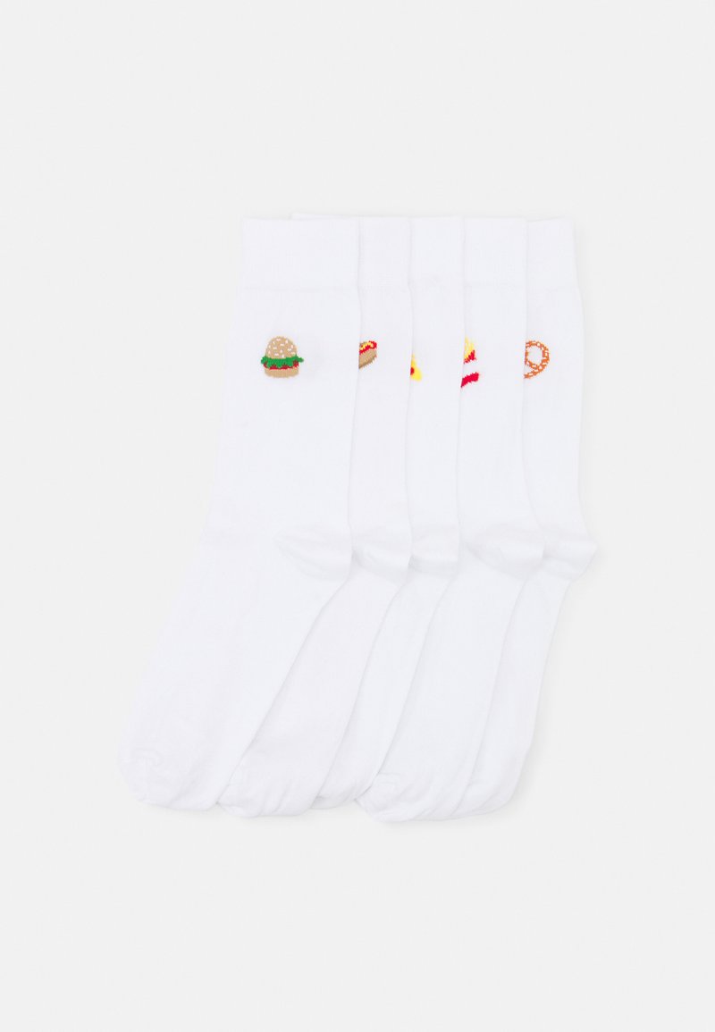 Sæt med hvide bomuldsocks bestående af fem par, hver med unikke broderede madikoner: en burger, hotdog, pomfritter, is og en pretzel.
