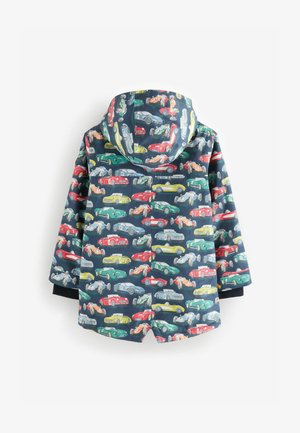 Gyerek esőkabát sötétkék színben, színes autónyomattal díszítve. Vízálló anyagból készült, kapucnival és rugalmas mandzsettákkal.