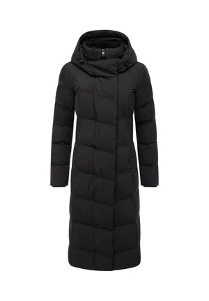 Cappotto imbottito nero con colletto alto e cappuccio, caratterizzato da un design trapuntato, maniche lunghe e lunghezza fino al ginocchio.