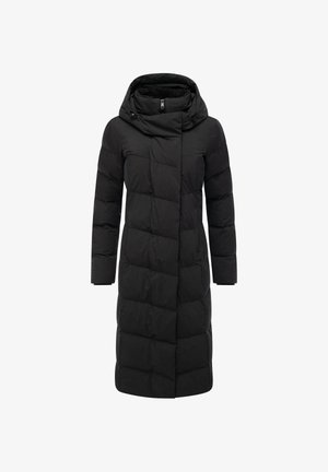 Czarna pikowana kurtka z wysokim kołnierzem i kapturem, z długimi rękawami i długości do kolan.