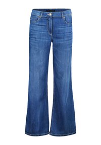 Wijde blauwe spijkerbroeken van denim met een knoopsluiting, twee voorzakken en subtiele vervaging. Afgewerkt met rechte zoom en standaard stiksels.