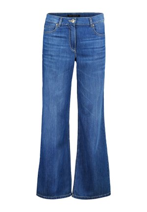 Weite blaue Denim-Jeans mit Knopfverschluss, zwei Fronttaschen und subtiler Ausbleichung. Abgerundet mit geraden Säumen und Standardsteppnähten.