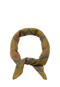 Szalik oliwkowozielony z różowymi wzorami kwiatowymi i niebieskimi geometrycznymi akcentami. Miękka tekstura z wiązanym wzorem.