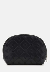 Black leather cosmetic bag with a rounded shape, featuring embossed floral patterns and a silver zipper closure. Smooth texture overall.