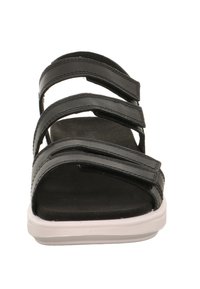 Schwarze Sandalen mit drei verstellbaren Riemen, einer glatten Lederoberfläche und einer kontrastierenden weißen Gummisohle mit leichter Polsterung.