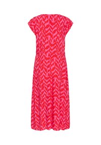Robe rose présentant un motif zigzag texturé, des manches courtes et une taille cintrée, descendant jusqu'à un ourlet mi-genou. Tissu léger.