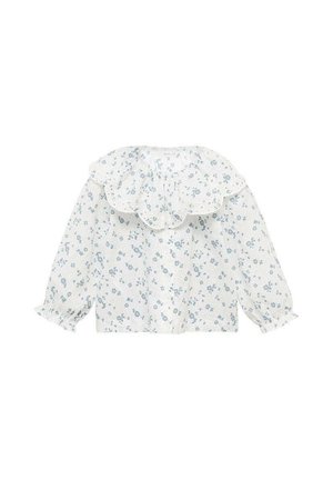 Blusa bianca con un ampio colletto a forma di scallop, caratterizzata da un motivo floreale blu. Maniche lunghe e gonfie con polsini arricciati. Tessuto leggero e testurizzato.