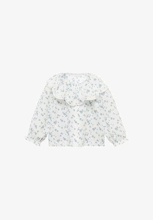 Bluză albă cu un guler mare, în formă de valuri, având un model floral albastru. Mâneci lungi, bufante, cu manșete volan. Țesătură ușoară, texturată.