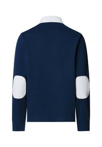 Navy-blaues Langarm-Polo mit einem weißen Kragen. Verfügt über weiße Ellenbogenpatches, die rot umrandet sind, um einen Kontrast zu bieten. Glattes Baumwollmaterial.
