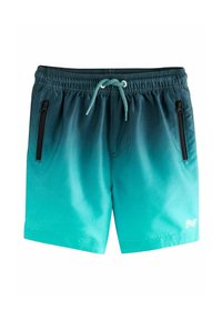 Herrebadebukser i en teal gradient med sort snor og lynlås-lommer på siden. Fremstillet af letvægtsstof med en glat tekstur.