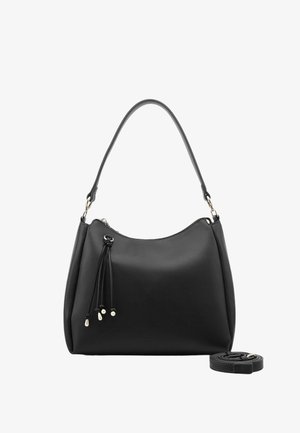 Zwarte leren handtas met een gladde textuur, gebogen vorm, twee leren trekkoorden met metalen accenten en een verstelbare band.