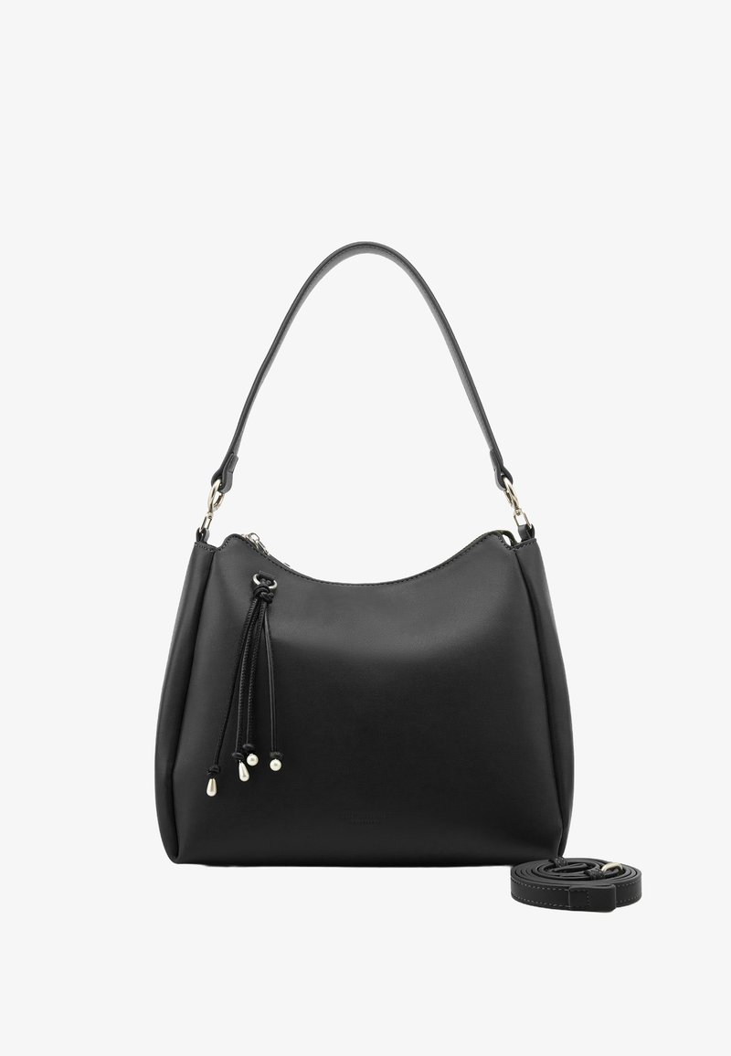 Schwarze Lederhandtasche mit glatter Textur, geschwungener Form, zwei Lederzugbändern mit Metallakzenten und einem verstellbaren Riemen.