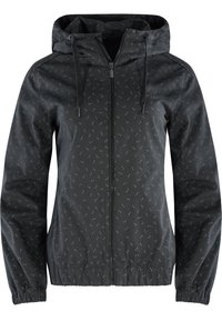 Veste à capuche noire avec fermeture éclair frontale, cordons de serrage réglables, poignets et ourlet élastiques, et un motif discret de flèches gris clair.