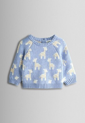 Hele sinine kudumisosadega kampsun elevandilooma mustriga kreemjas toonis, soonikkoes varrukad ja alumine serv ning ümar kaelus. Pehme ja tekstuuriga kangas.