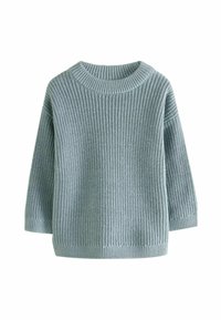 Maglione azzurro chiaro in maglia con scollo rotondo, maniche a tre quarti e motivo a costine testurizzato. Materiale morbido e caldo.