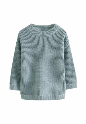 Pull en tricot bleu clair, avec un col rond, des manches trois quarts et un motif côtelé texturé. Matériau doux et confortable.