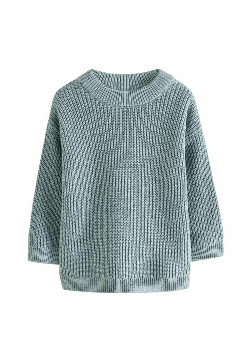 Maglione azzurro chiaro in maglia con scollo rotondo, maniche a tre quarti e motivo a costine testurizzato. Materiale morbido e caldo.