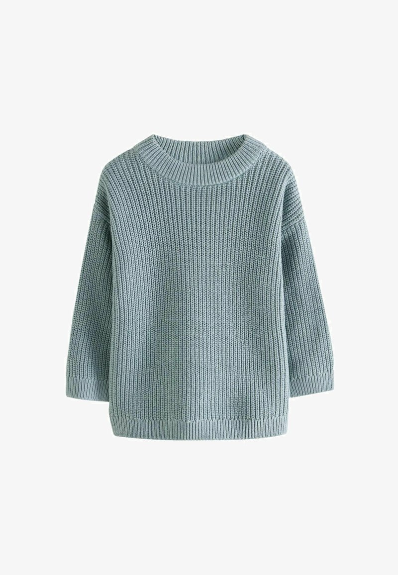 Maglione azzurro chiaro in maglia con scollo rotondo, maniche a tre quarti e motivo a costine testurizzato. Materiale morbido e caldo.