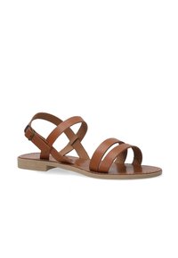 Bruine leren sandalen met meerdere kruiselings banden en een platte zool. Voorzien van een gespsluiting en een gladde, gestructureerde binnenzool.