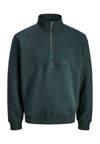 Ciemnozielona bluza z suwaką i wysokim kołnierzem, z teksturowanym haftem "ORIGINALS" na klatce piersiowej oraz ribbowymi mankietami. Miękka wykończenie materiału.