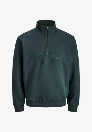 Temno zelena zip-up protivvetrovka z visokim ovratnikom, ki ima teksturiran izvezen napis "ORIGINALS" na prsih in rebraste manšete. Mehka površina materiala.