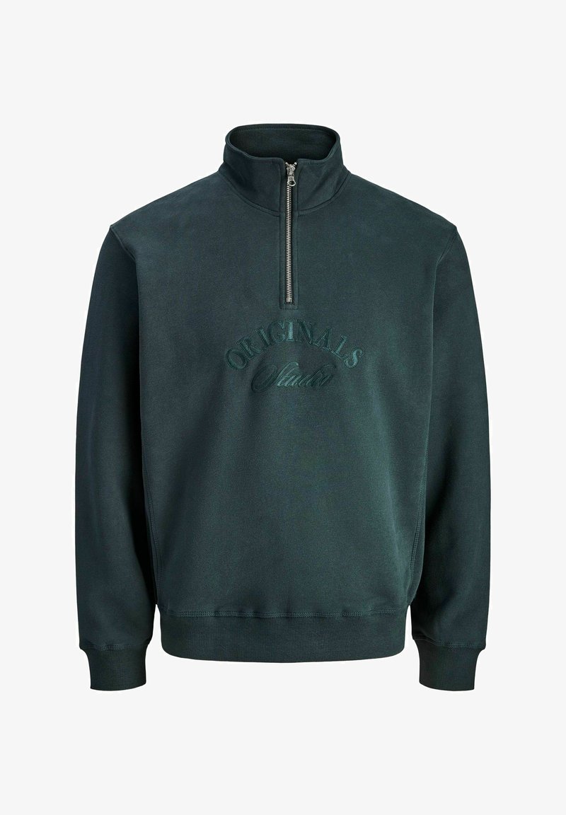 Ciemnozielona bluza z suwaką i wysokim kołnierzem, z teksturowanym haftem "ORIGINALS" na klatce piersiowej oraz ribbowymi mankietami. Miękka wykończenie materiału.