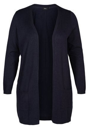 Donkerblauwe cardigan met een open voorkant, lange mouwen en twee voorzakken. Gemaakt van zacht materiaal met geribde manchetten en zoom.