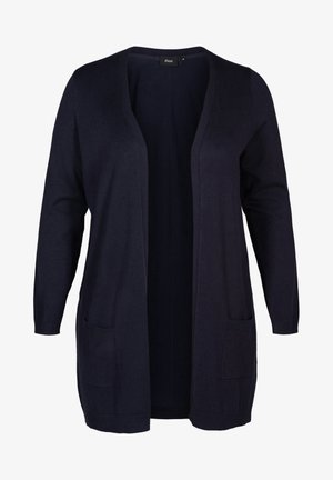 Navy blue cardigan with open front, long sleeves, and two front pockets. Made of soft material with ribbed cuffs and hem.