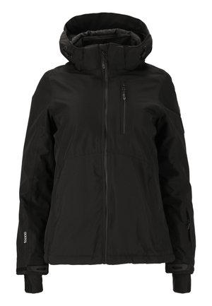 Black waterproof jacket with a high collar and adjustable hood. Features zippered front and slanted side pockets. Made of textured fabric.