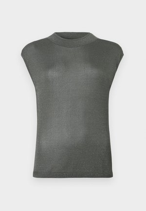 Metalliline tumehall lühikeste varrukatega pluus kõrge kaelusega. Valmistatud venivast, veidi peegeldavast materjalist. Sile tekstuur ja ülikitsas disain.