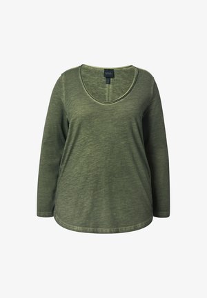 Olijfgroene langetermijn shirt met een ronde hals en een zachte, geweven stof, geschikt voor casual wear.