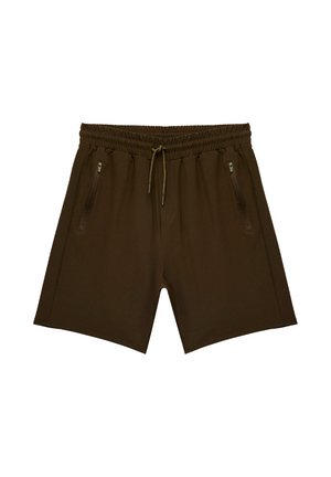 Bruine korte broek met elastische taille, trekkoord en twee voorzakken met ritssluiting, ontworpen voor casual gebruik.