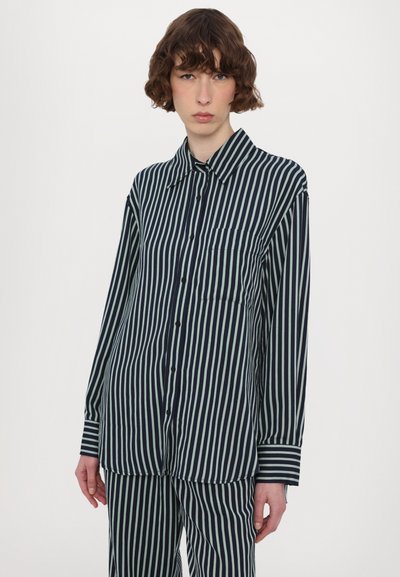 Navy and light green vertically striped button-up shirt with a collar, long sleeves, pocket on the left chest, and relaxed fit.